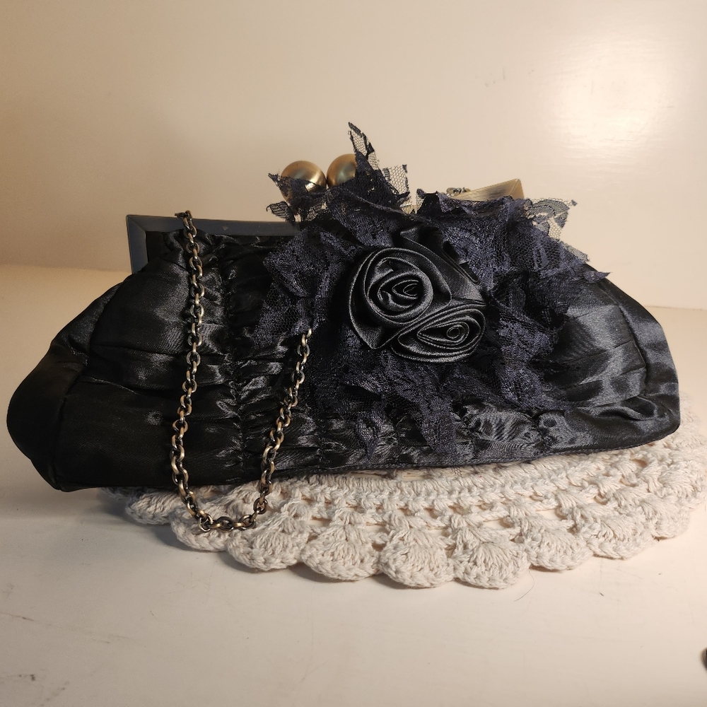 Victorian Black Lace and Ribbon Clutch with Metal Strap and Ball Clasp Opening